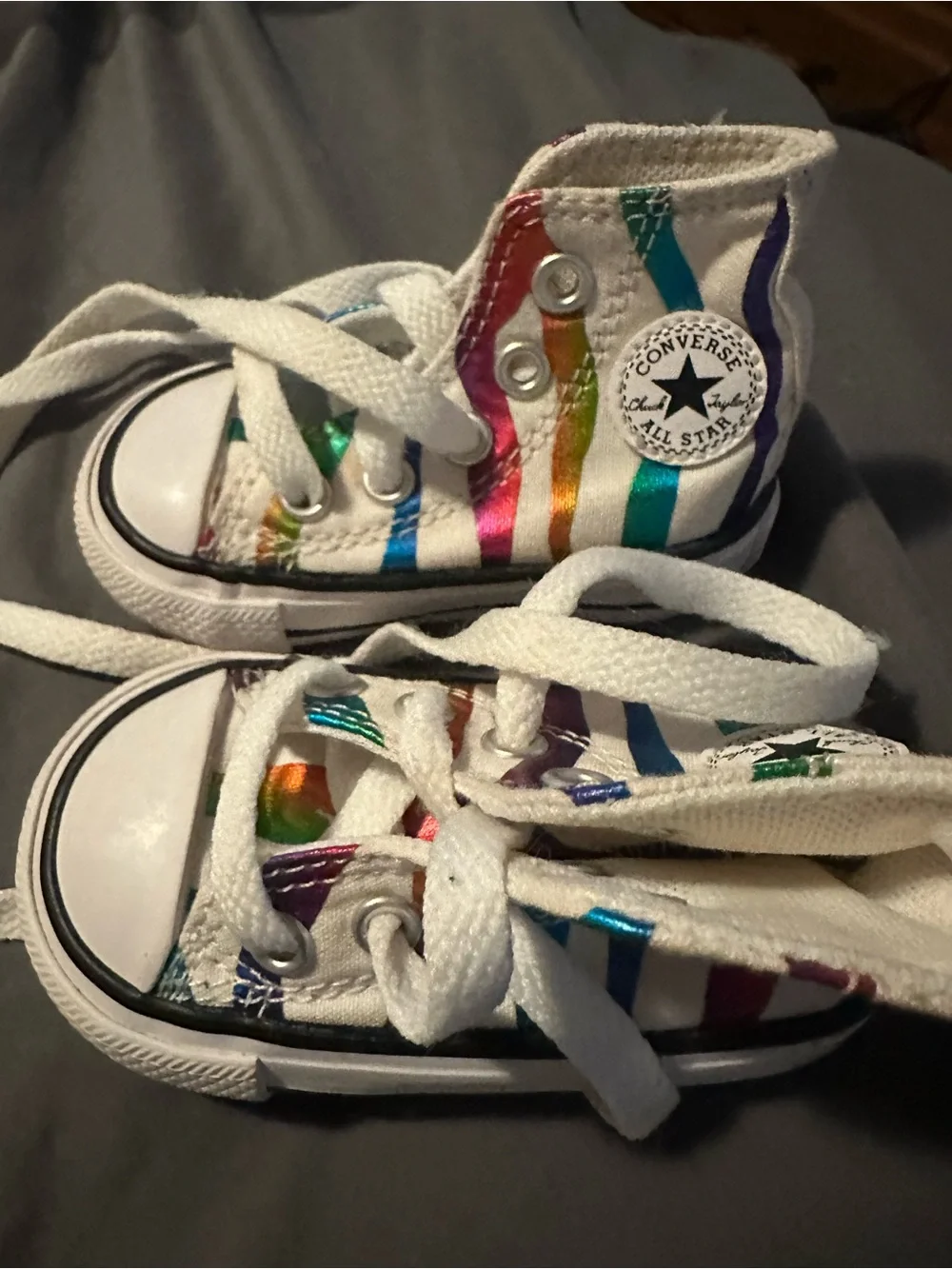 Converse Kids White High-Top Sneakers with Metallic Rainbow Stripes